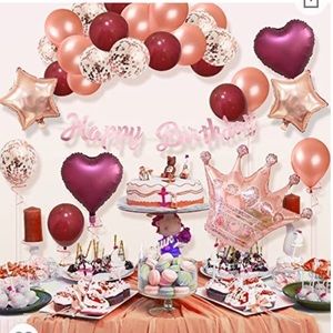 40Pcs Rose Gold Birthday Decorations for Women Girl, Burgundy Balloon